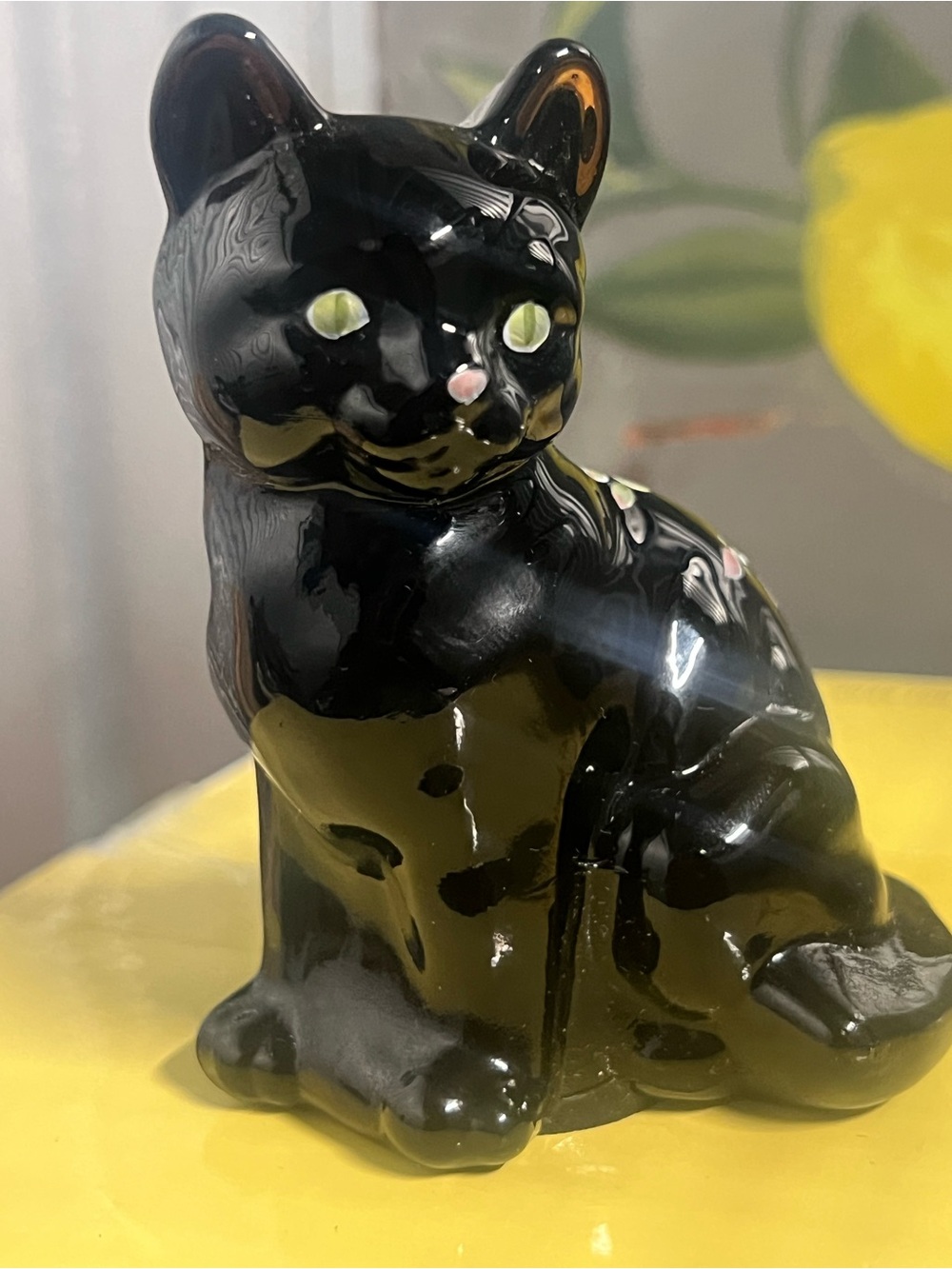 Fenton Hand-Painted Black Floral sitting cat